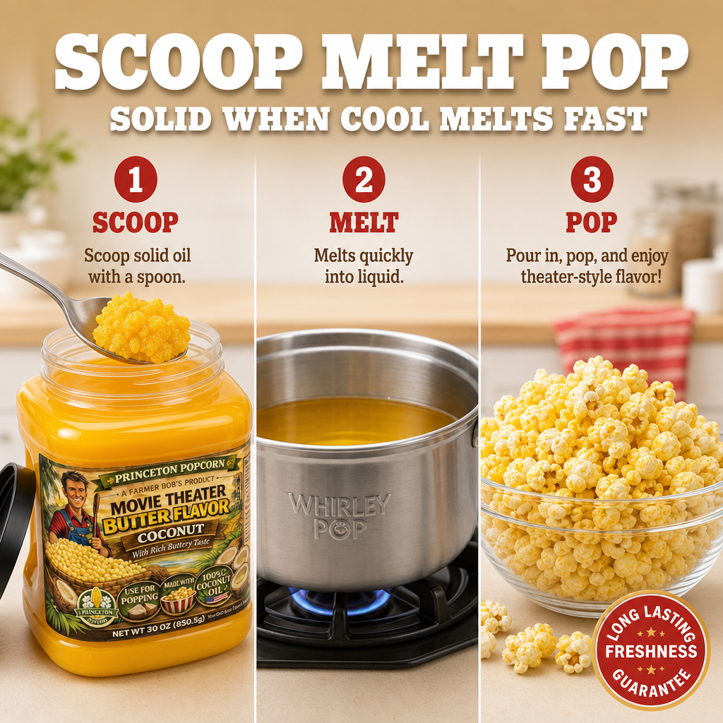 Real Theater Coconut Popcorn Oil - 30 oz Butter Flavored Coconut Oil for Whirley Pop Popcorn Maker, Popcorn Oil Butter Flavor Stovetop Popcorn, Popcorn Oil for Popcorn Machine Farmer Bob's Princeton Popcorn