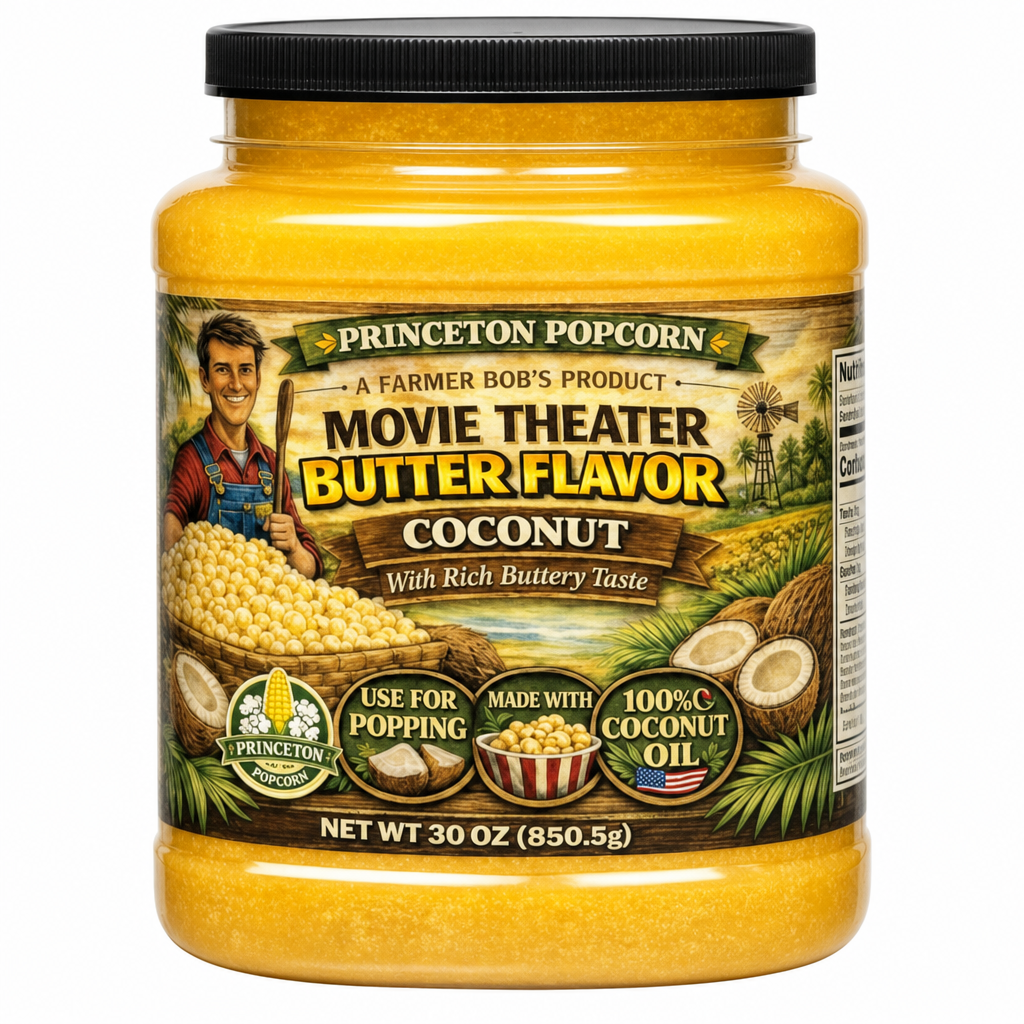 Real Theater Coconut Popcorn Oil - 30 oz Butter Flavored Coconut Oil for Whirley Pop Popcorn Maker, Popcorn Oil Butter Flavor Stovetop Popcorn, Popcorn Oil for Popcorn Machine Farmer Bob's Princeton Popcorn