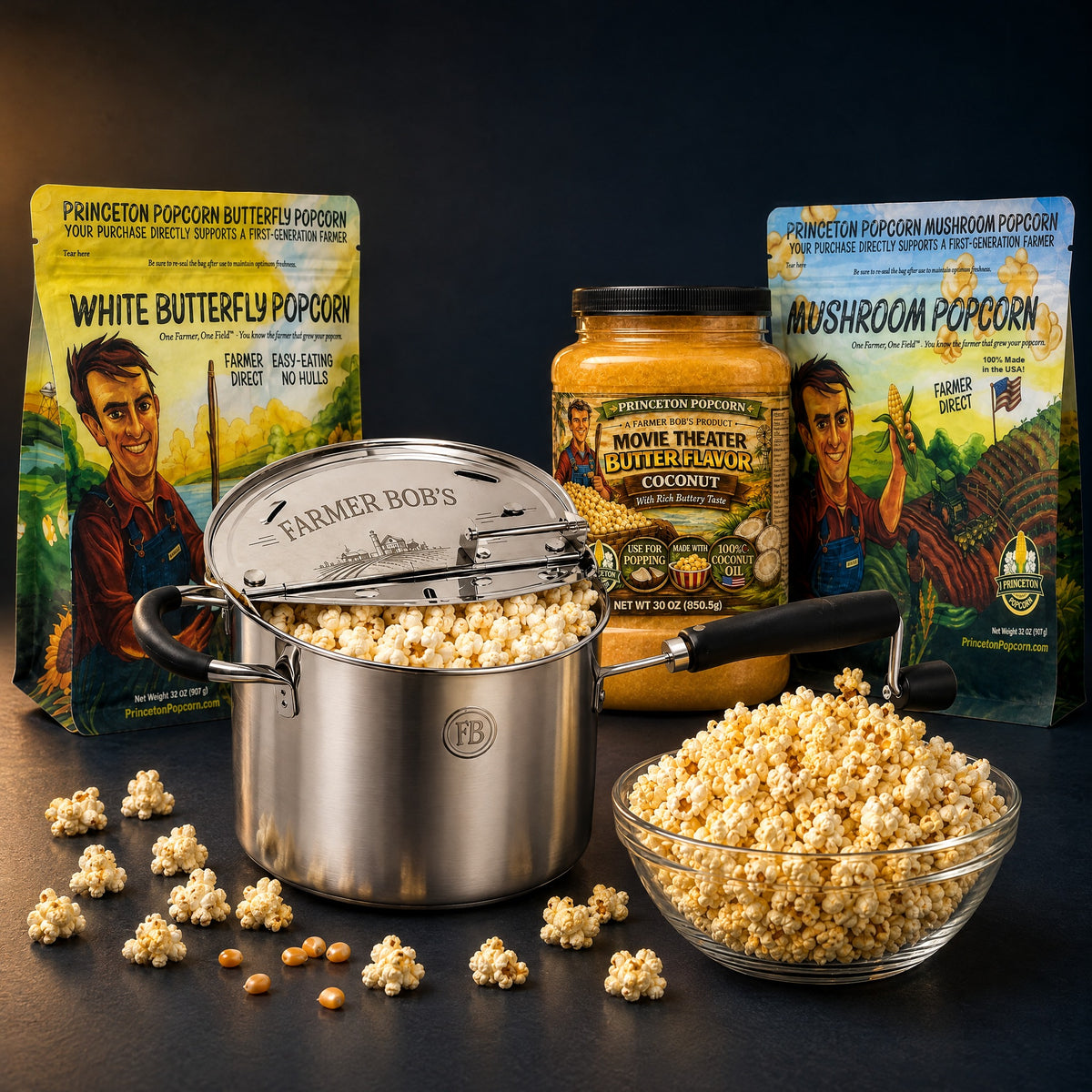Farmer Bob's stovetop popper with White Butterfly and Mushroom popcorn bags, Movie Theater Butter coconut oil and a bowl of popcorn