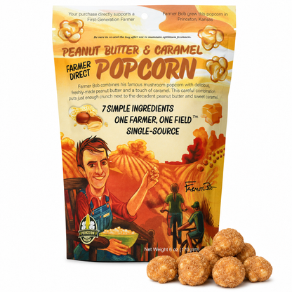 PuffyCrunch bag with glazed peanut butter caramel popcorn clusters