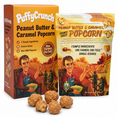 PuffyCrunch peanut butter & caramel popcorn - 7 simple ingredients, farmer direct, Non-GMO