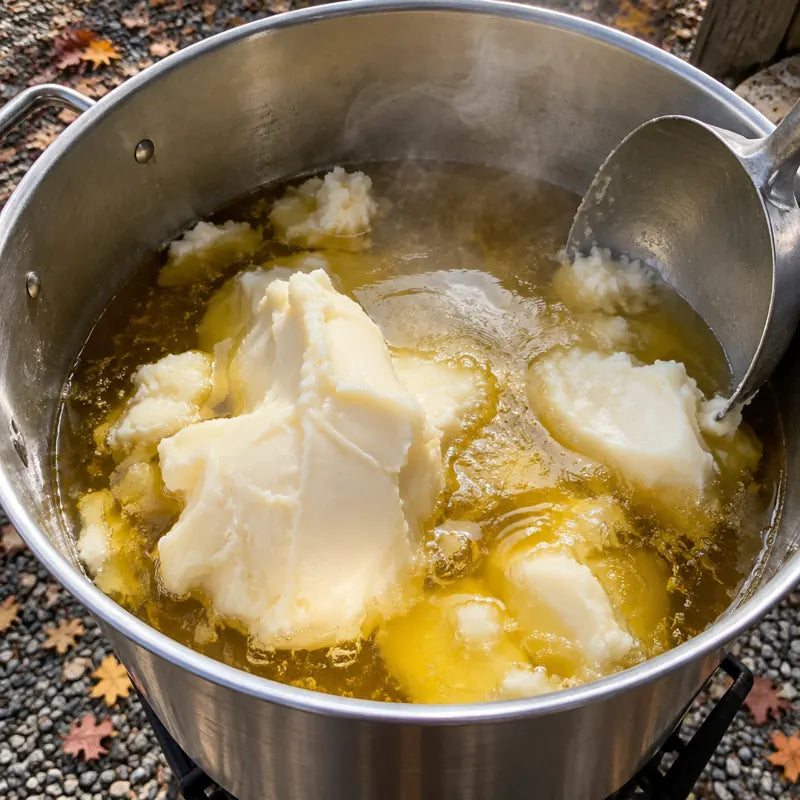 Beef tallow melting in a turkey fryer pot