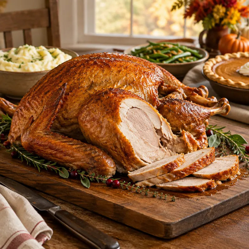 Fried turkey carved on a cutting board for Thanksgiving dinner
